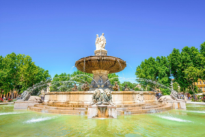 The Rotunda Fountain at the entrance of Cours Mirabeau in Aix-en-Provence, Provence, South of France.