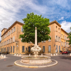 The Four Dolphins Fountain in the historic Mazarin Quarter of Aix-en-Provence, Provence, France.