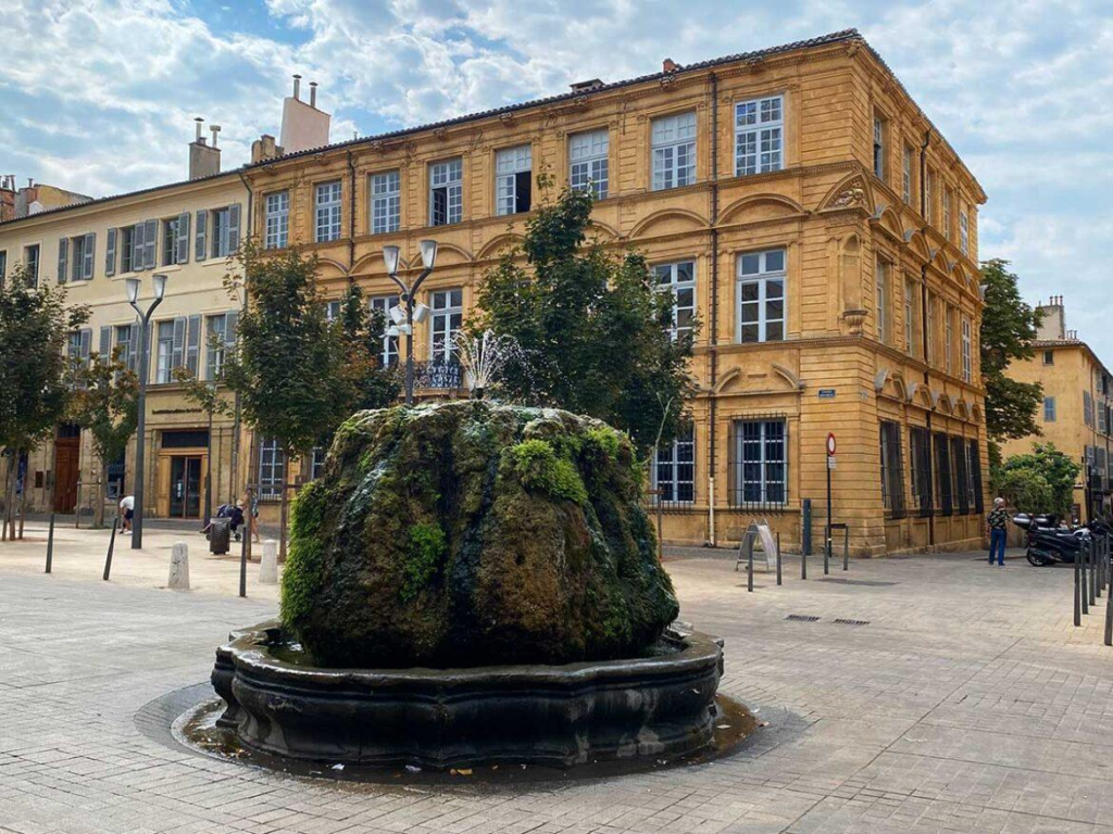The Mossy Fountain (Hot Water Fountain) in Aix-en-Provence on Cours Mirabeau, one of the most famous fountains in Provence, South of France.