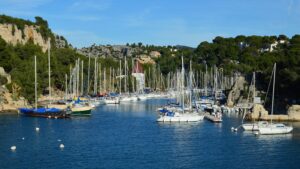 Cassis village harbor and Mediterranean coastline near the Calanques in Provence